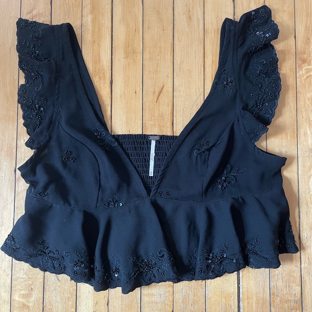 Free People Black Flutter Sleeve Crop Top